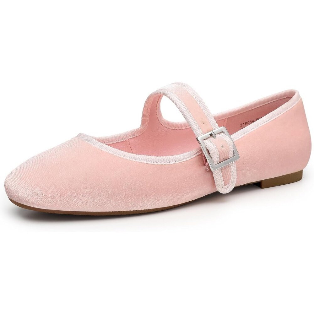 Trary Women's Pink Velvet Square Toe Buckle Strap Ballet Mary Jane Shoes